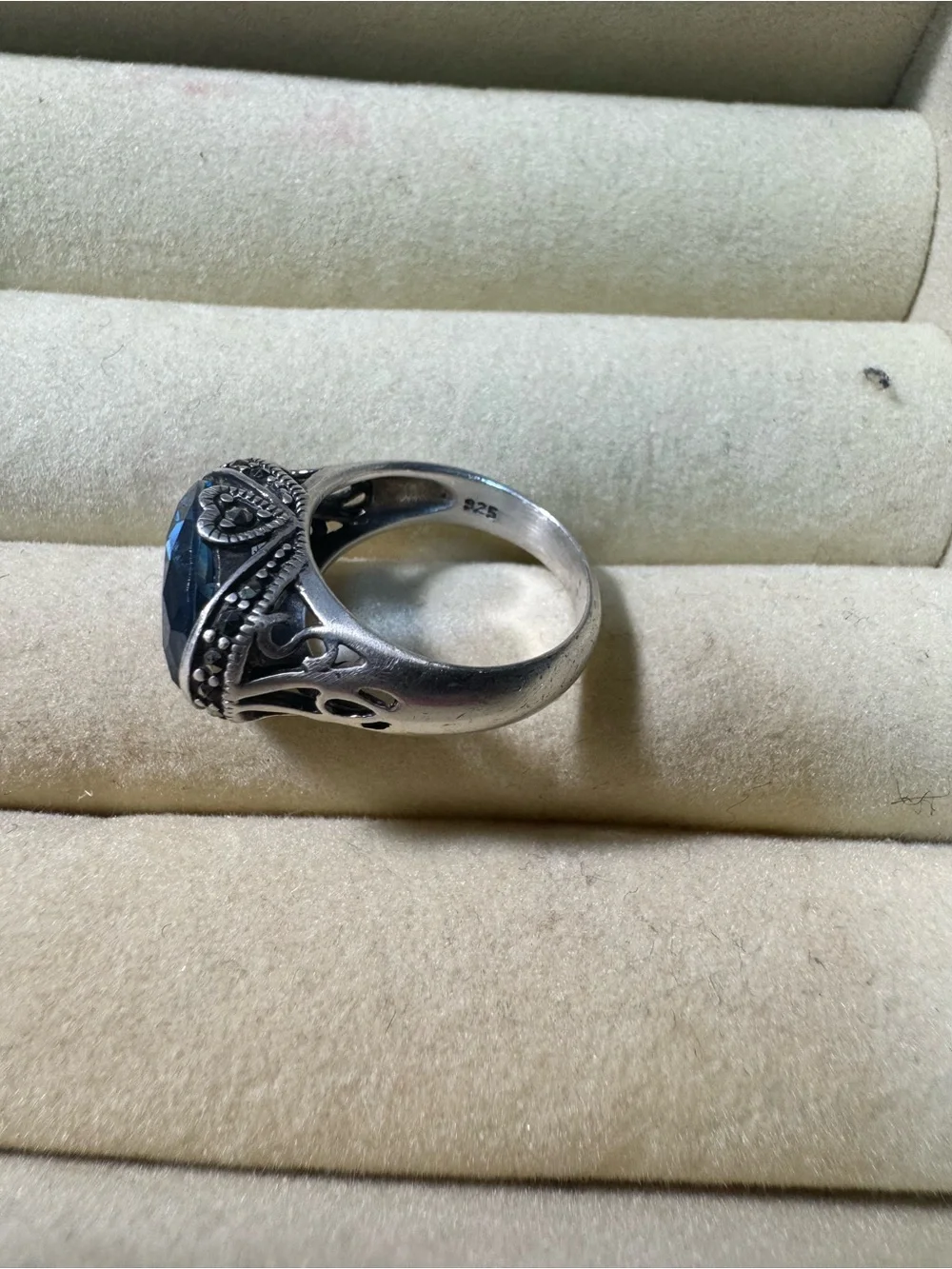 Vintage 925 Sterling Silver Marcasite London Blue Topaz Ring Size 6 6.1g